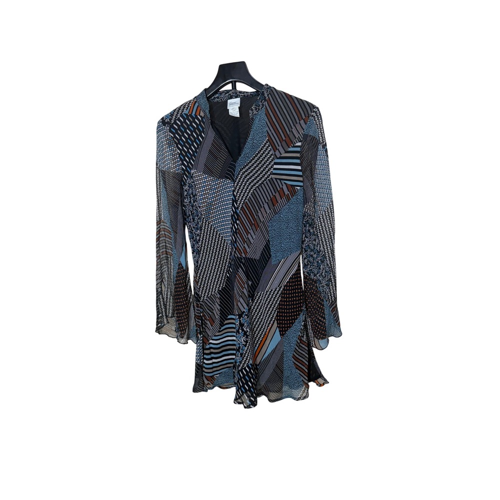 Giorgio Fiorlini Silk Patchwork Tunic Top Blue Black Geometric Bell Sleeve L‎